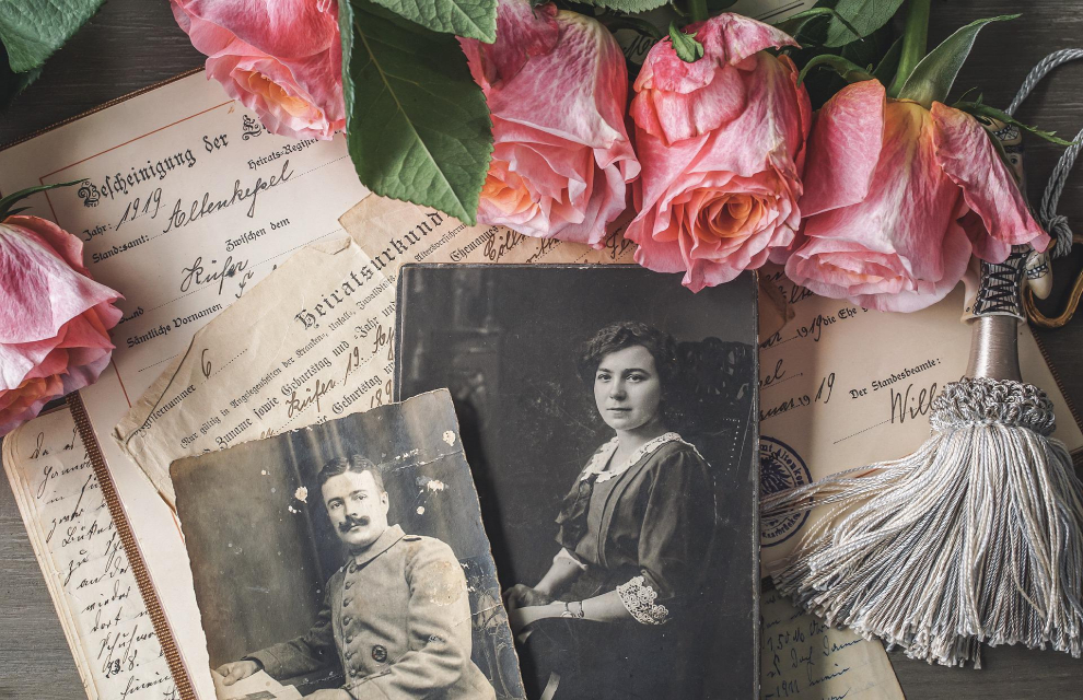 A collage of photos and antique documents of a family